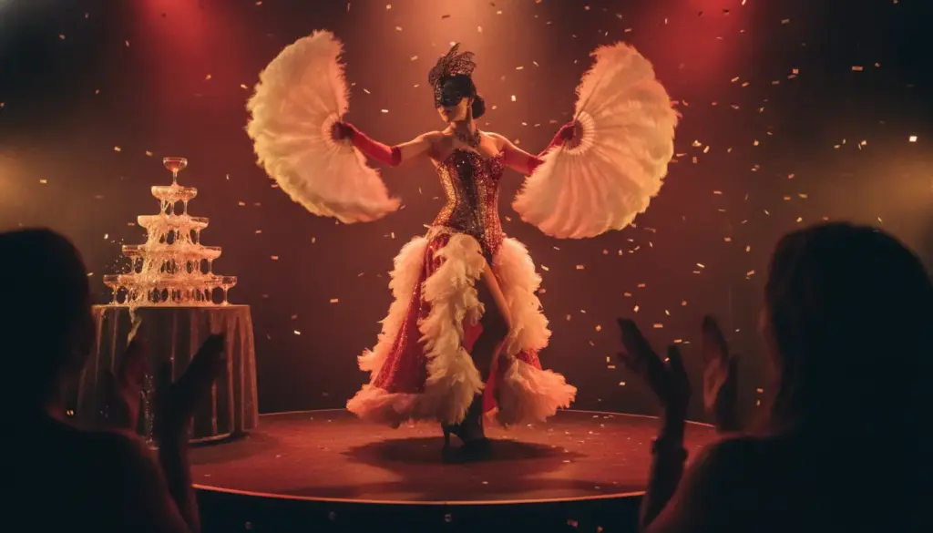 A burlesque performer in a red and gold corset costume with large feather fans dancing beside a champagne tower on a club stage under warm spotlights