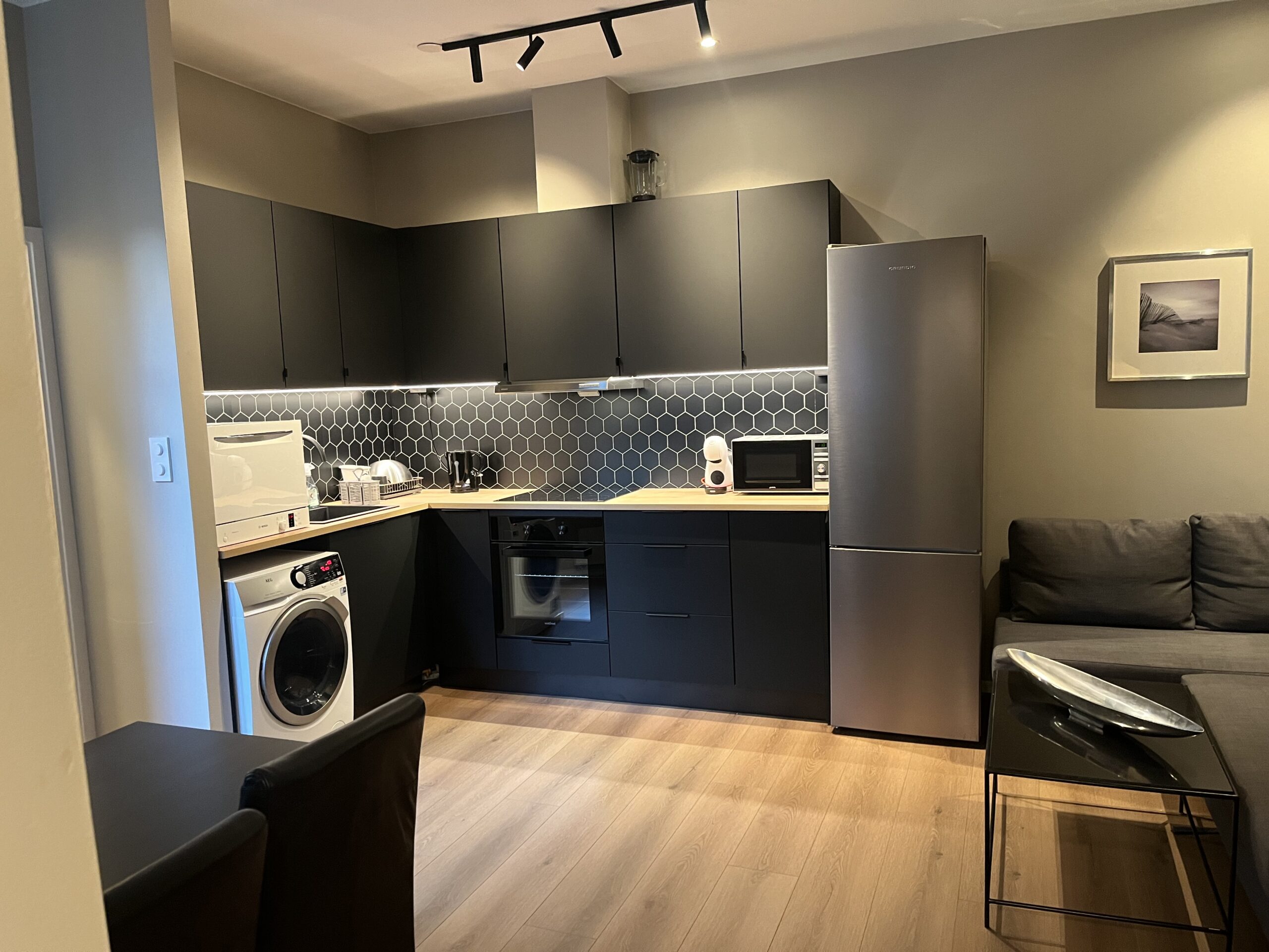 Dancer apartment with modern kitchen and living room, in the String Showbar building in central Oslo